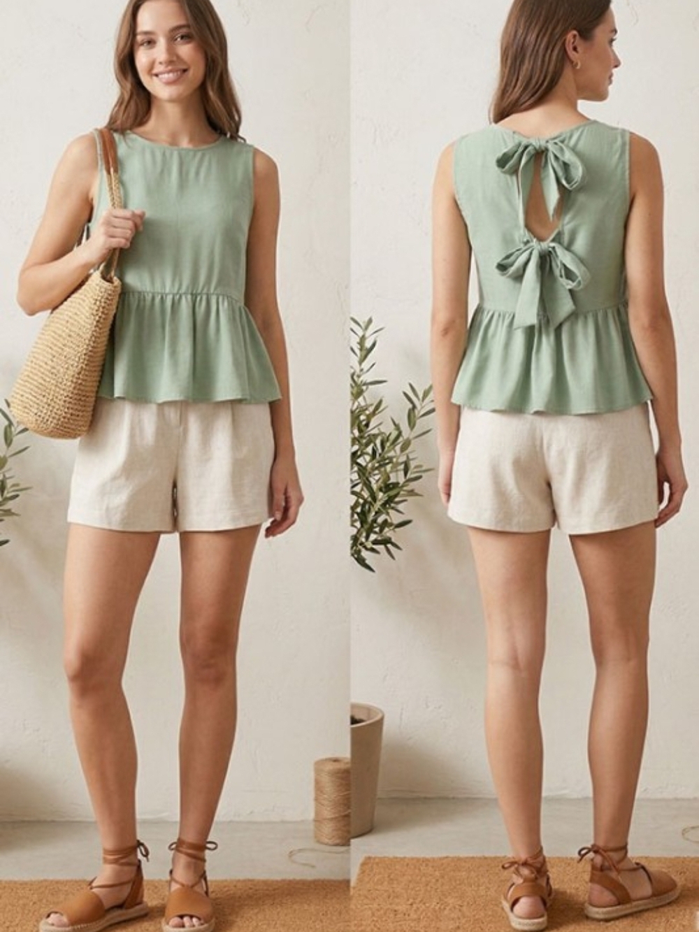 Timing Sage Green Sleeveless Peplum Top with Back Bow Detail